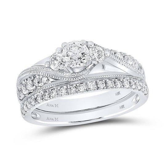 14k White Gold Round Diamond 3-Stone Bridal Wedding Ring Set 7/8 Cttw (Certified)