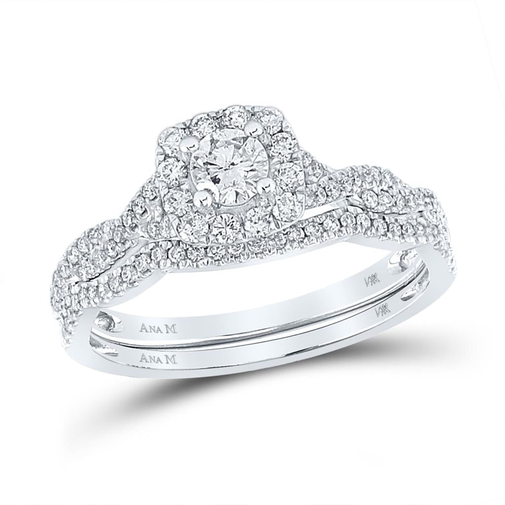 14k White Gold Round Diamond Twist Halo Bridal Wedding Ring Set 5/8 Cttw (Certified)