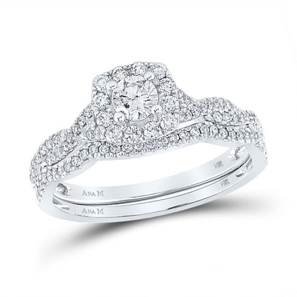 14k White Gold Round Diamond Twist Halo Bridal Wedding Ring Set 5/8 Cttw (Certified)