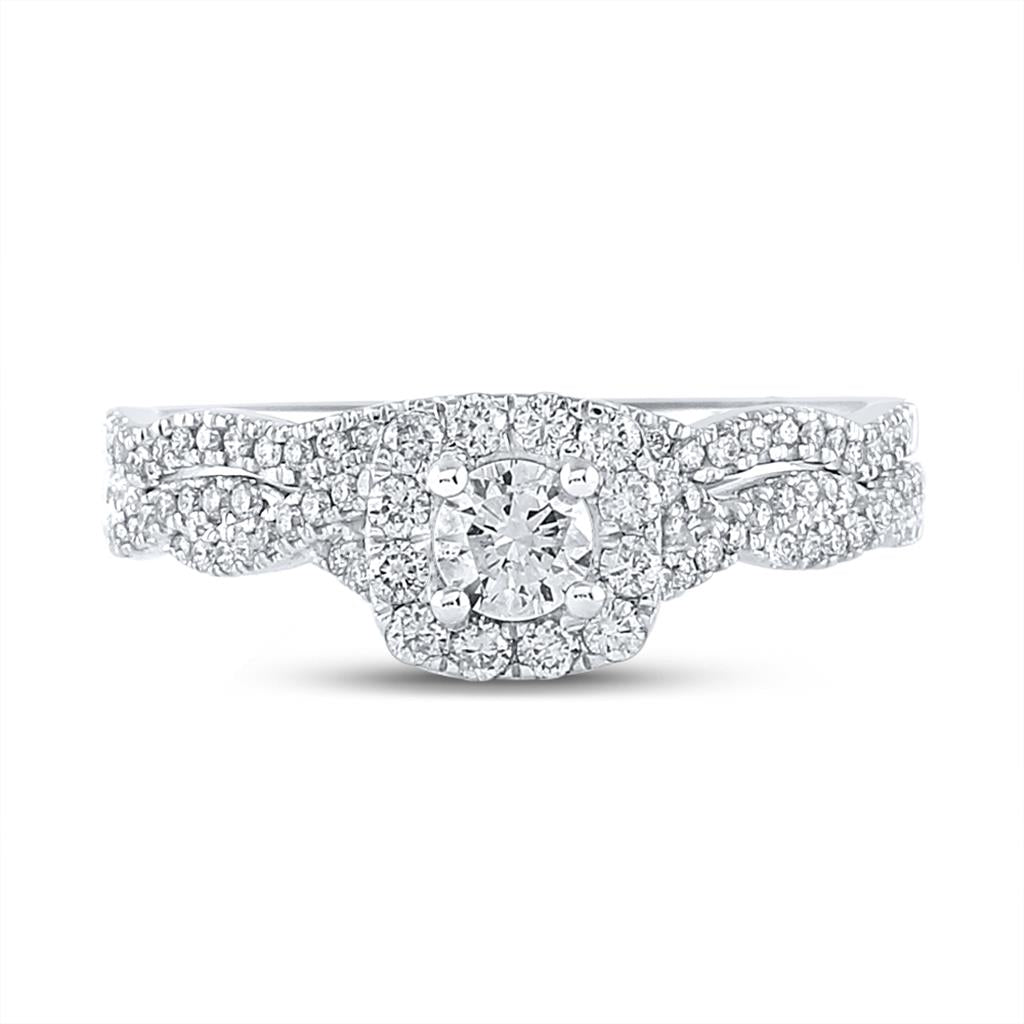 14k White Gold Round Diamond Twist Halo Bridal Wedding Ring Set 5/8 Cttw (Certified)