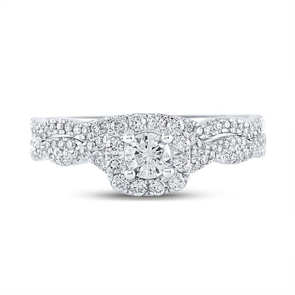 14k White Gold Round Diamond Twist Halo Bridal Wedding Ring Set 5/8 Cttw (Certified)