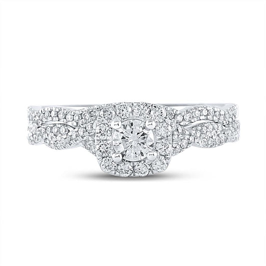 14k White Gold Round Diamond Twist Halo Bridal Wedding Ring Set 5/8 Cttw (Certified)