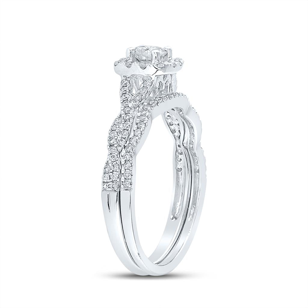 14k White Gold Round Diamond Twist Halo Bridal Wedding Ring Set 5/8 Cttw (Certified)