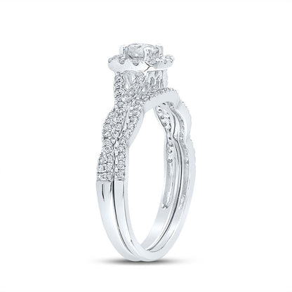 14k White Gold Round Diamond Twist Halo Bridal Wedding Ring Set 5/8 Cttw (Certified)