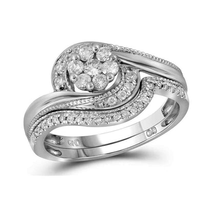 14k White Gold Round Diamond Bridal Wedding Ring Set 3/8 Cttw