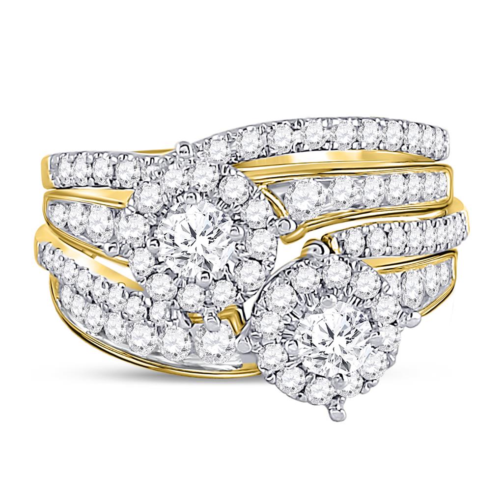 14k Yellow Gold Round Diamond 2-Stone Bridal Wedding Ring Set 1-3/4 Cttw (Certified)