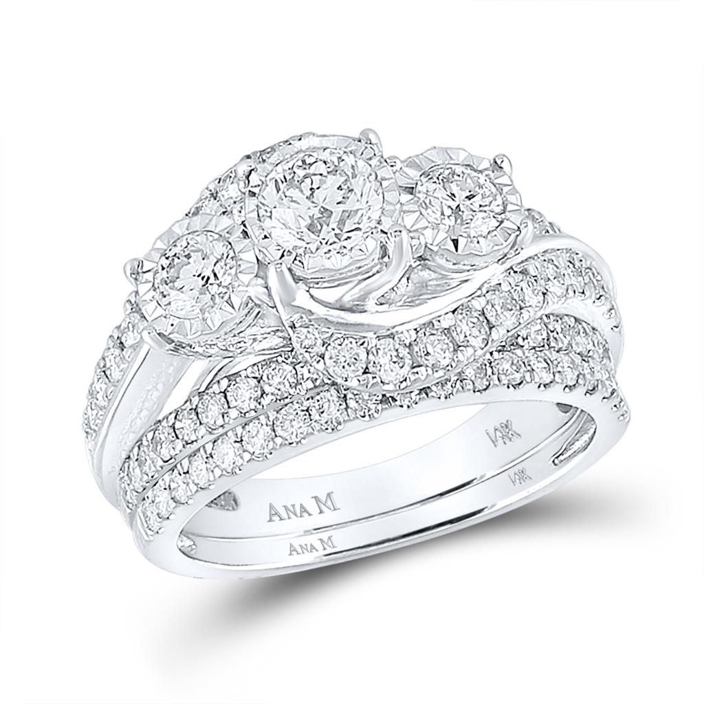 14k White Gold Round Diamond 3-Stone Bridal Wedding Ring Set 2 Cttw (Certified)