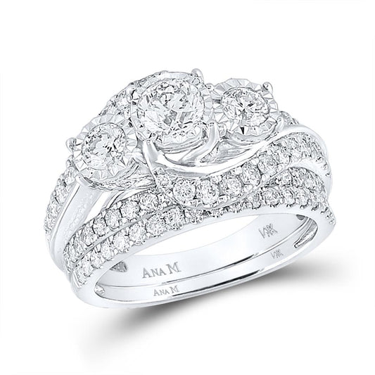 14k White Gold Round Diamond 3-Stone Bridal Wedding Ring Set 2 Cttw (Certified)