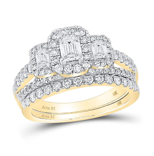 14k Yellow Gold Emerald Diamond 3-Stone Bridal Wedding Ring Set 1-1/2 Cttw (Certified)