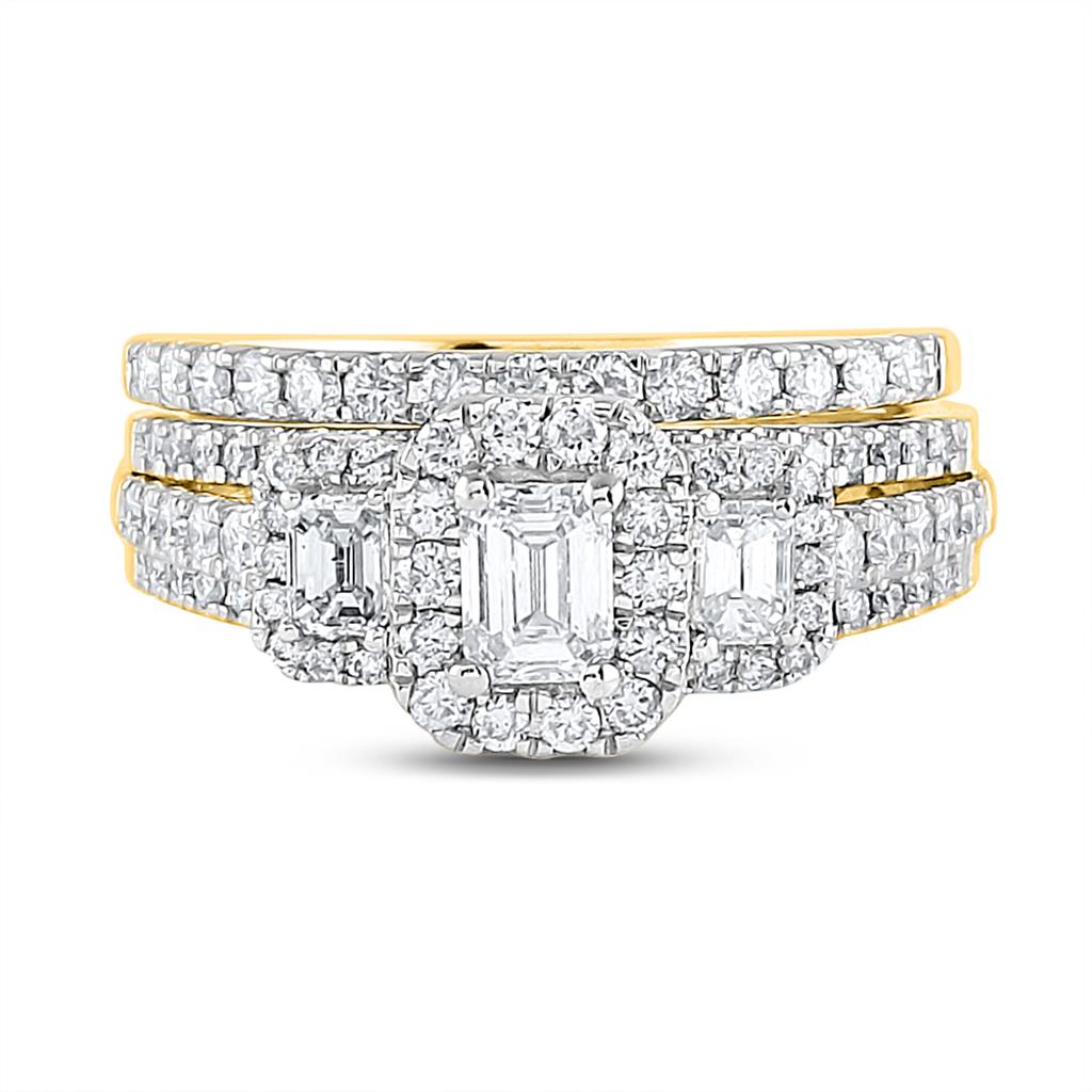 14k Yellow Gold Emerald Diamond 3-Stone Bridal Wedding Ring Set 1-1/2 Cttw (Certified)