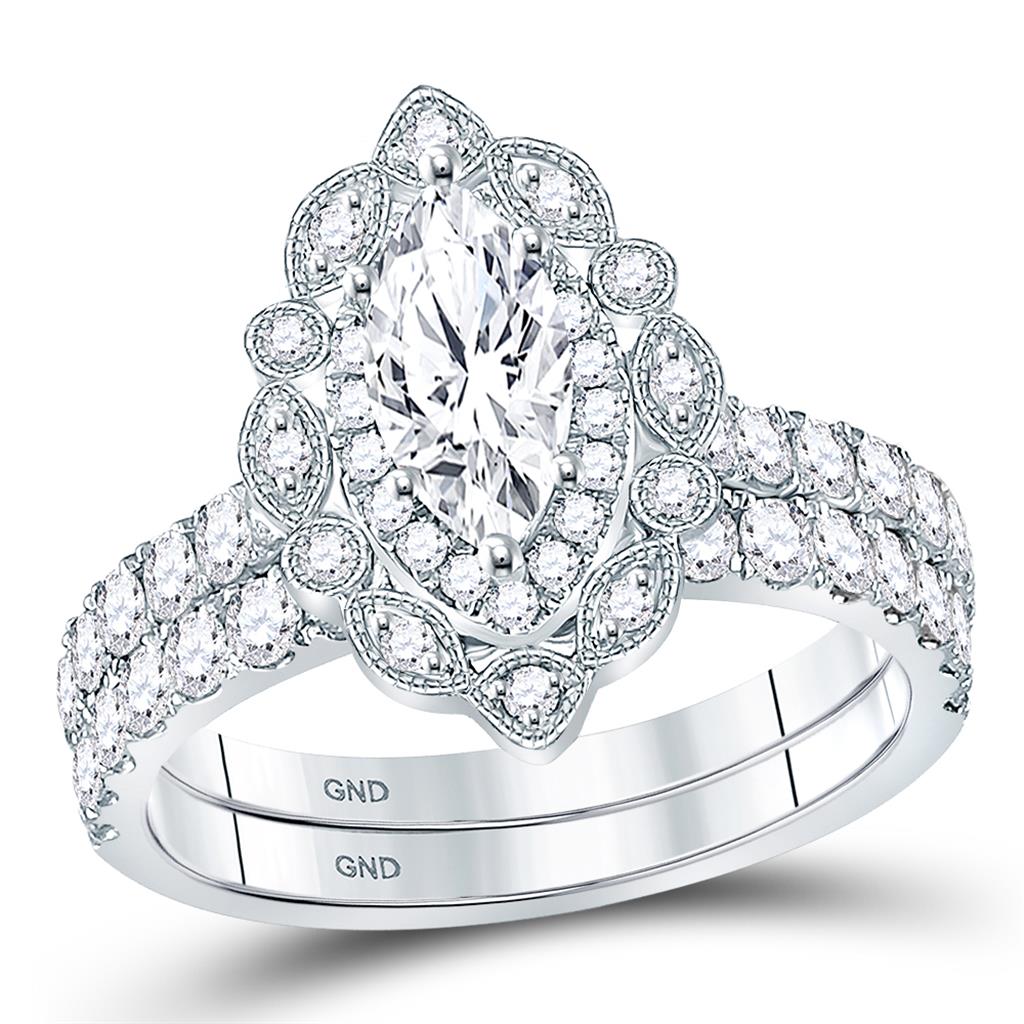 14k White Gold Marquise Diamond Bridal Wedding Ring Set 2 Ctw (Certified)