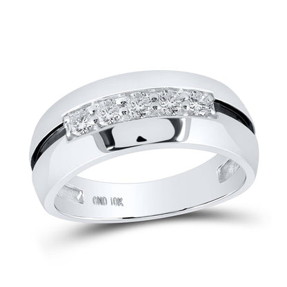 14k White Gold Round Diamond Wedding Black Groove Band Ring 1/2 Cttw