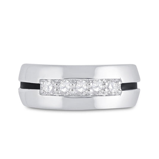 14k White Gold Round Diamond Wedding Black Groove Band Ring 1/2 Cttw