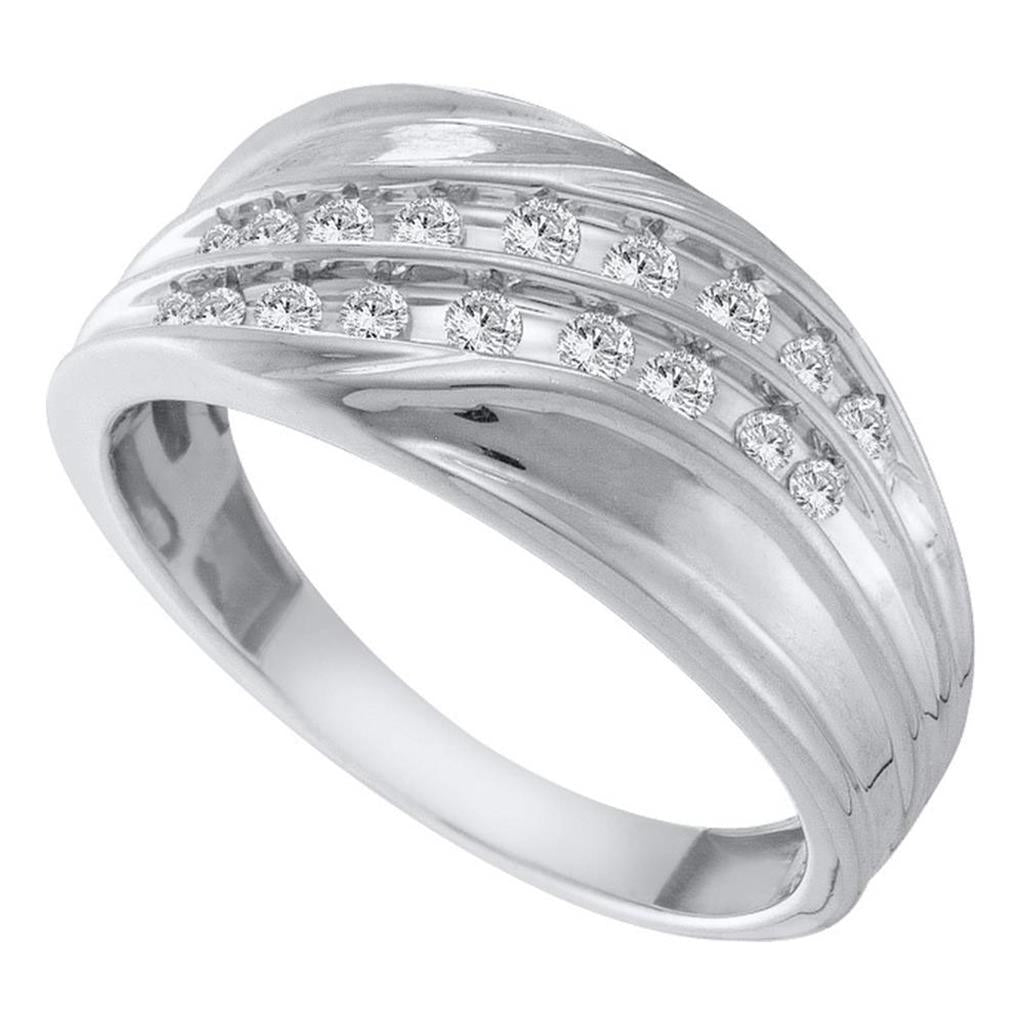 14k White Gold Round Diamond Diagonal Double Row Wedding Band 1/3 Cttw
