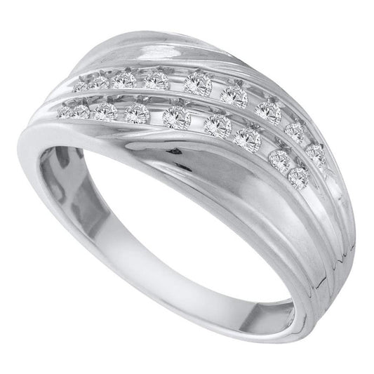 14k White Gold Round Diamond Diagonal Double Row Wedding Band 1/3 Cttw