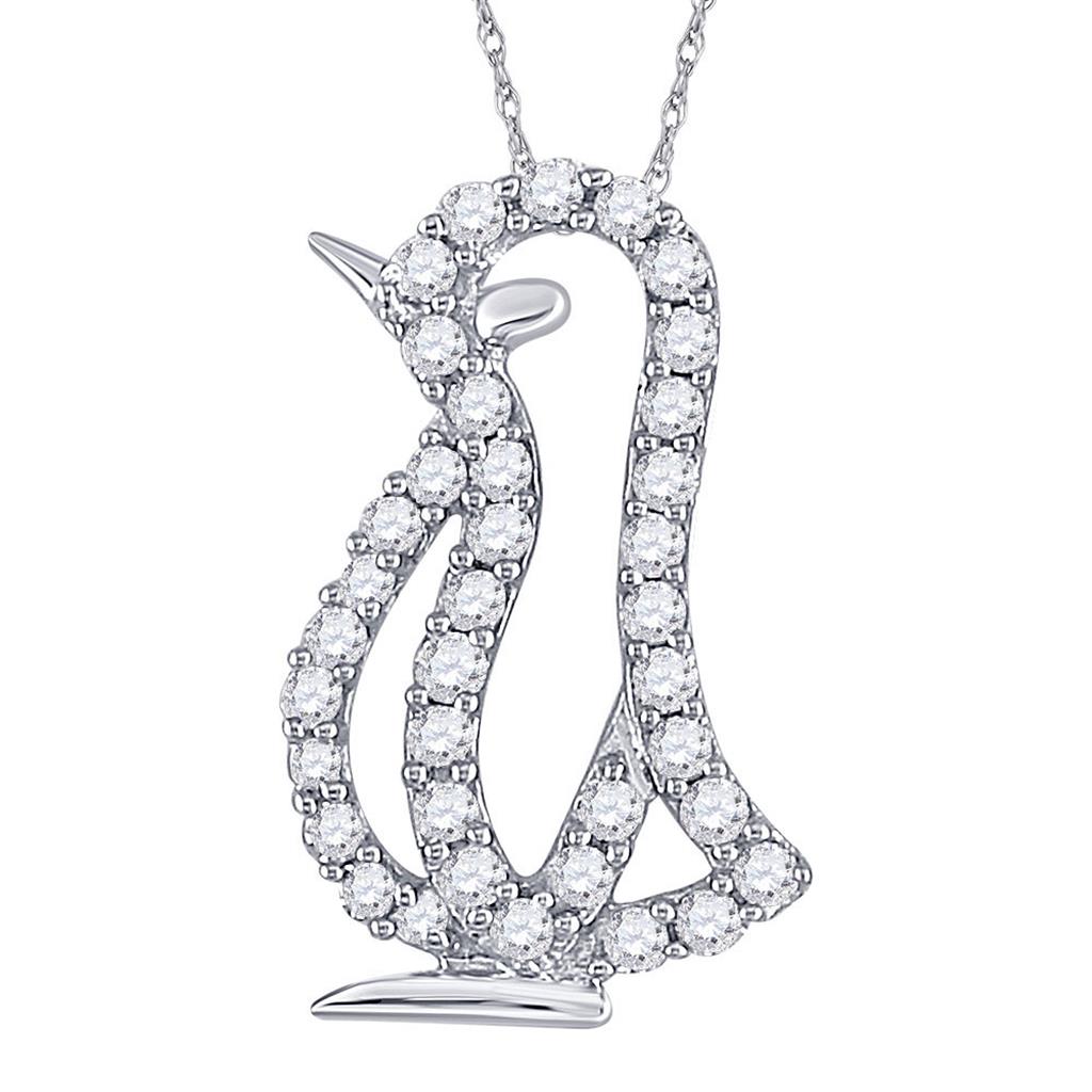 14k White Gold Round Diamond Penguin Bird Animal Pendant 1/6 Cttw