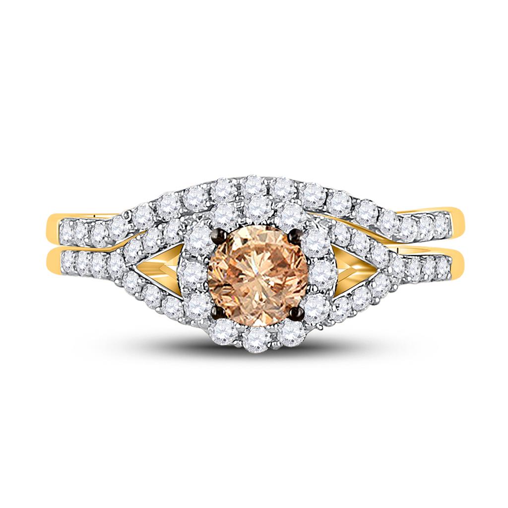 14k Yellow Gold Round Brown Diamond Bridal Wedding Ring Set 1 Cttw