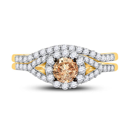 14k Yellow Gold Round Brown Diamond Bridal Wedding Ring Set 1 Cttw