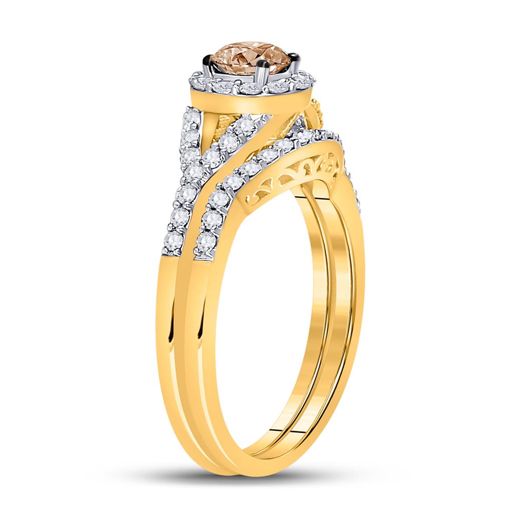 14k Yellow Gold Round Brown Diamond Bridal Wedding Ring Set 1 Cttw