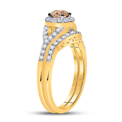 14k Yellow Gold Round Brown Diamond Bridal Wedding Ring Set 1 Cttw