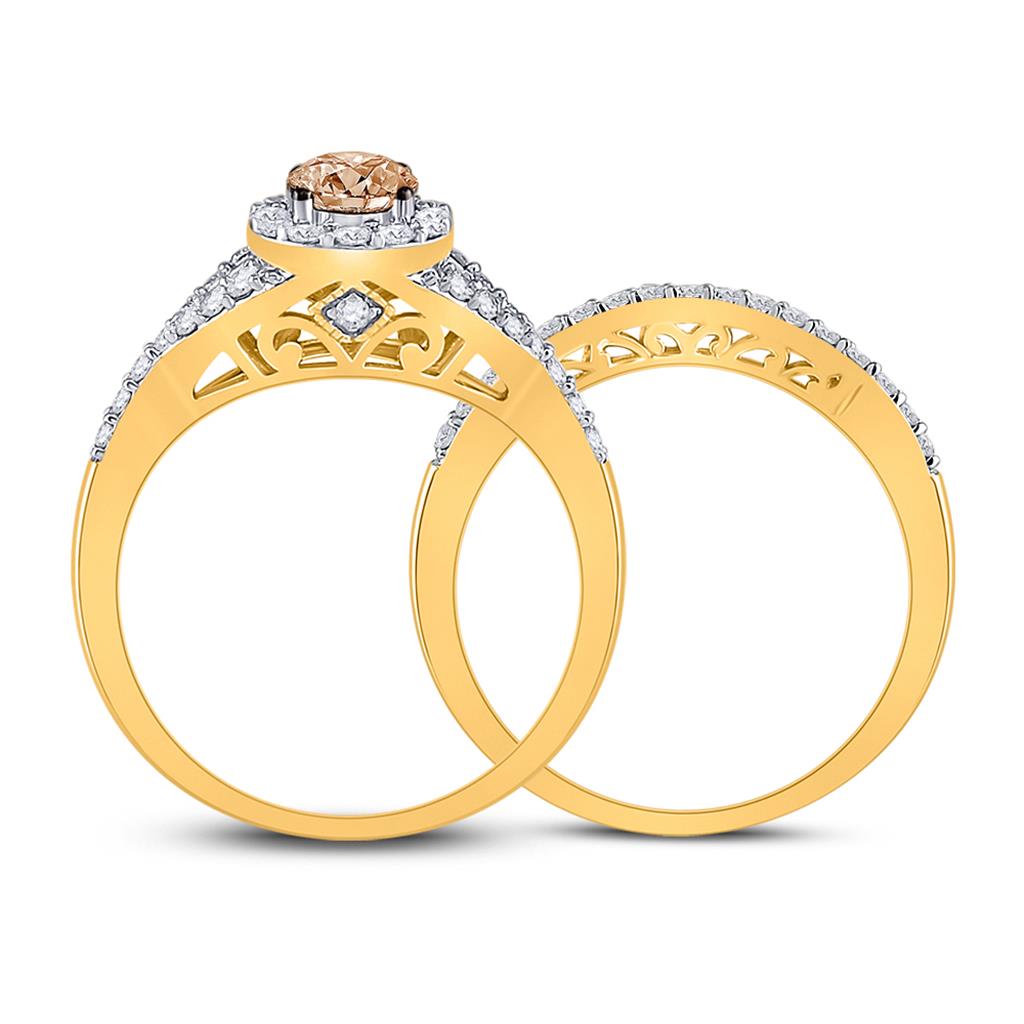 14k Yellow Gold Round Brown Diamond Bridal Wedding Ring Set 1 Cttw