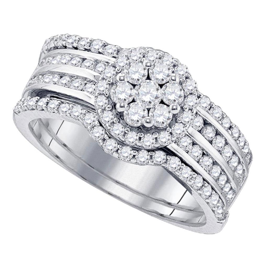 14k White Gold Round Diamond Cluster Bridal Wedding Ring Set 1 Cttw