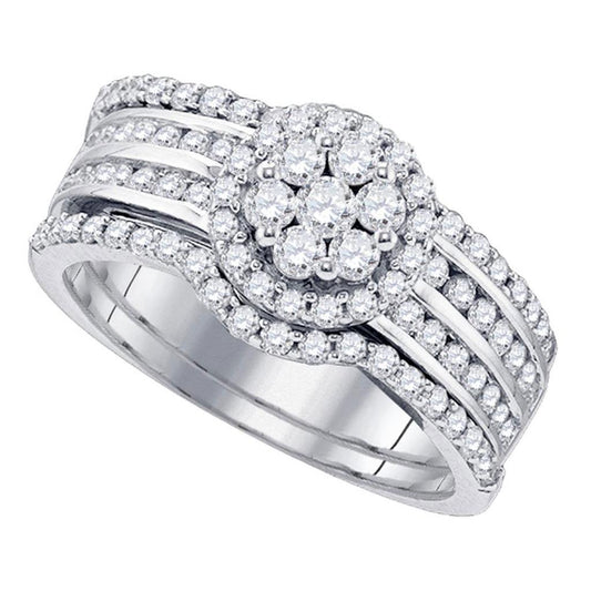 14k White Gold Round Diamond Cluster Bridal Wedding Ring Set 1 Cttw