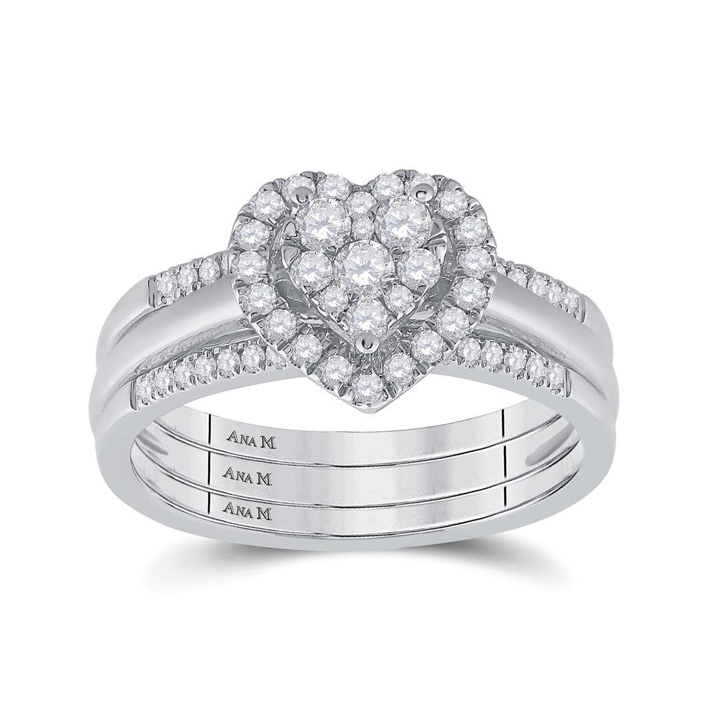 14k White Gold Round Diamond Heart Bridal Wedding Ring Set 1/2 Cttw