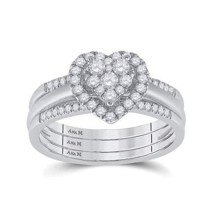 14k White Gold Round Diamond Heart Bridal Wedding Ring Set 1/2 Cttw