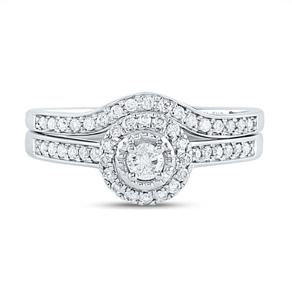 14k White Gold Round Diamond Halo Bridal Wedding Ring Set 1/3 Cttw