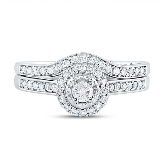 14k White Gold Round Diamond Halo Bridal Wedding Ring Set 1/3 Cttw