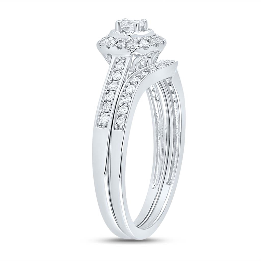14k White Gold Round Diamond Halo Bridal Wedding Ring Set 1/3 Cttw