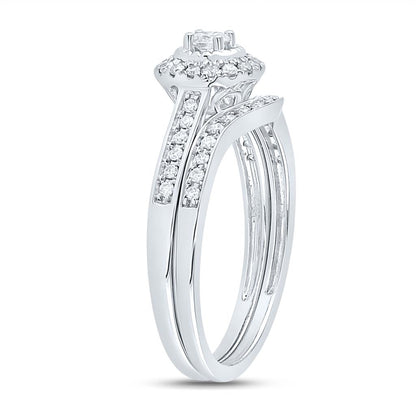 14k White Gold Round Diamond Halo Bridal Wedding Ring Set 1/3 Cttw