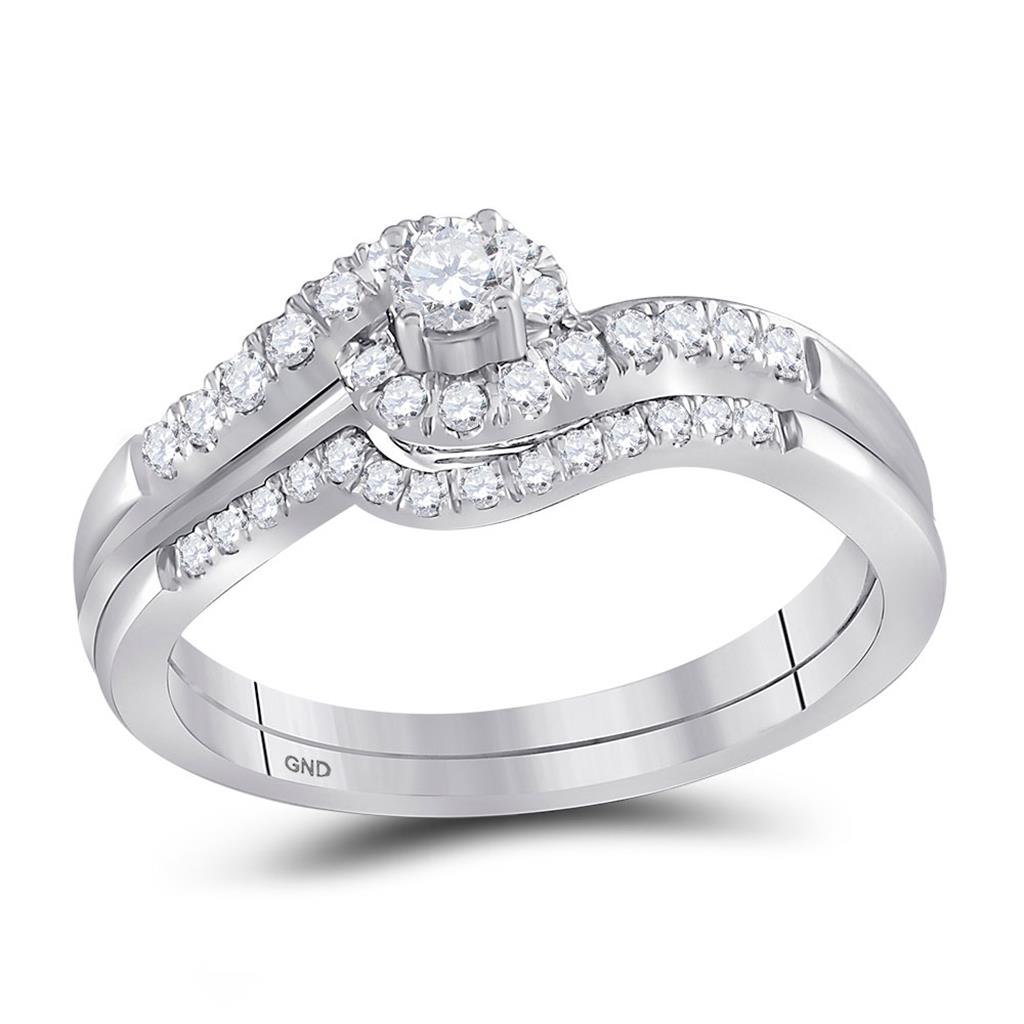 14k White Gold Round Diamond Swirl Bridal Wedding Ring Set 1/3 Cttw