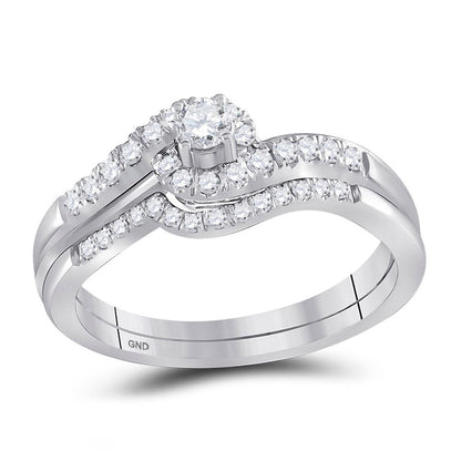 14k White Gold Round Diamond Swirl Bridal Wedding Ring Set 1/3 Cttw