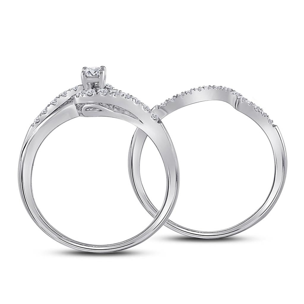 14k White Gold Round Diamond Swirl Bridal Wedding Ring Set 1/3 Cttw