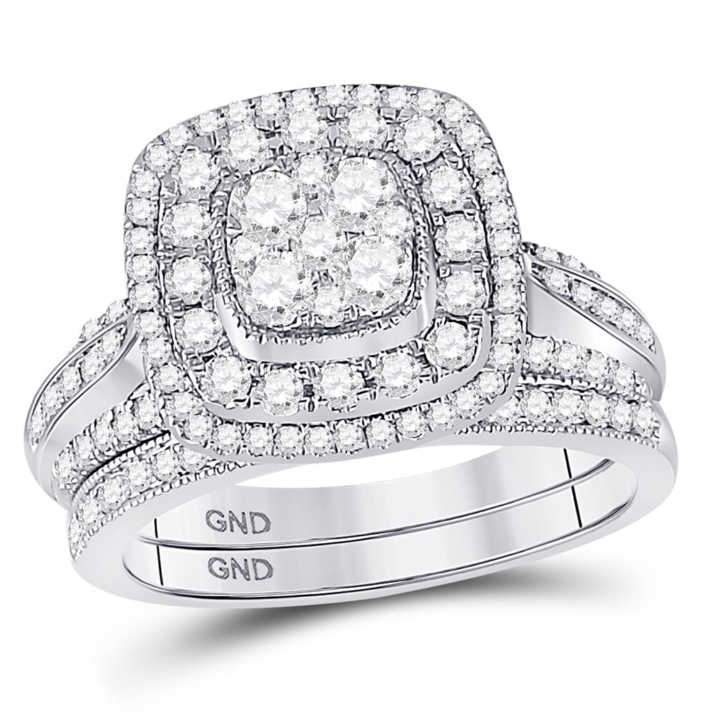 14k White Gold Round Diamond Cluster Bridal Wedding Ring Set 1 Cttw