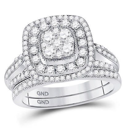 14k White Gold Round Diamond Cluster Bridal Wedding Ring Set 1 Cttw