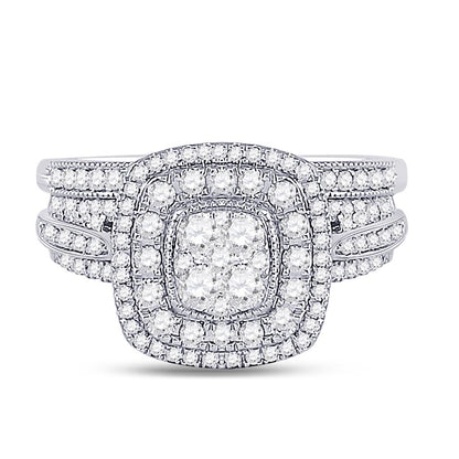 14k White Gold Round Diamond Cluster Bridal Wedding Ring Set 1 Cttw
