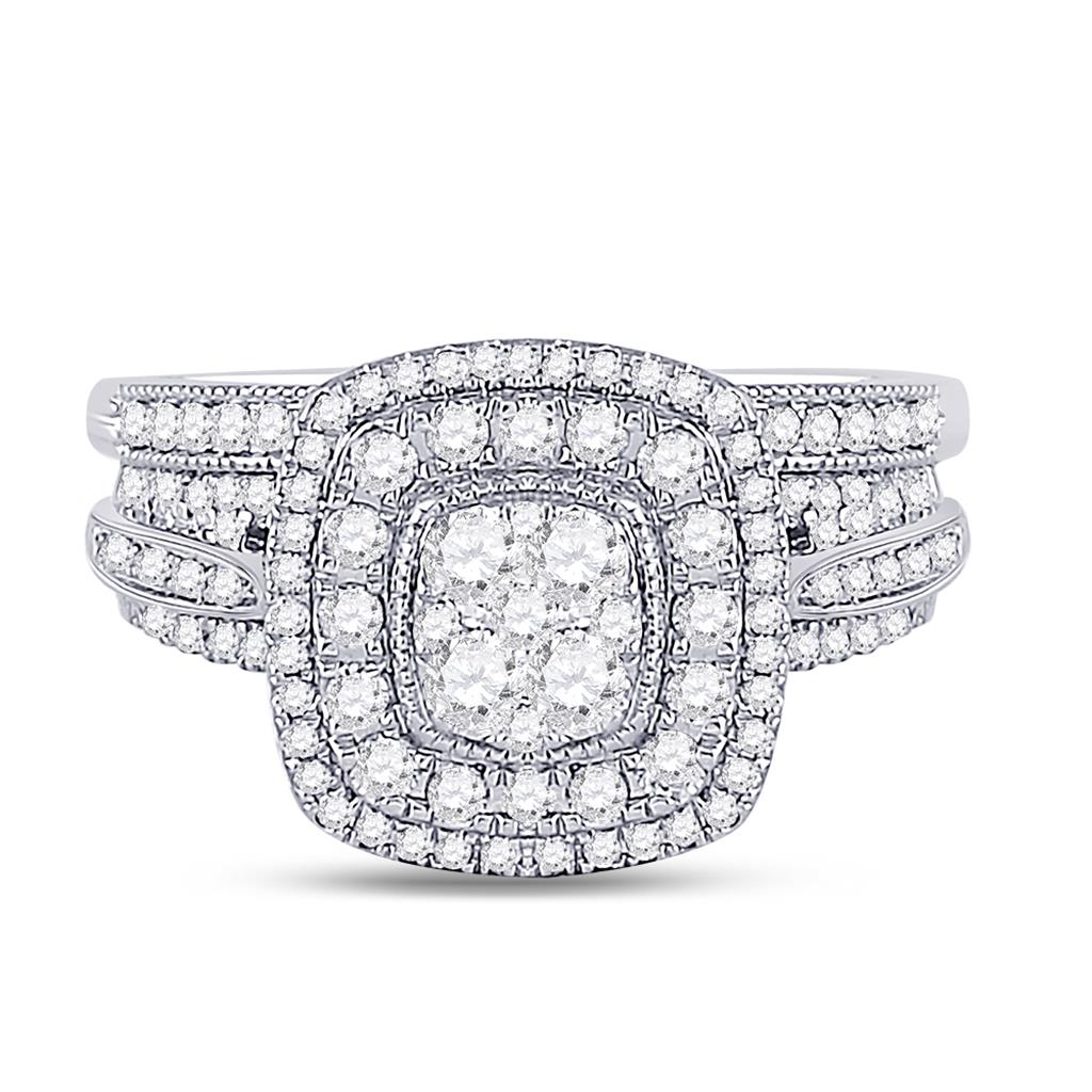 14k White Gold Round Diamond Cluster Bridal Wedding Ring Set 1 Cttw