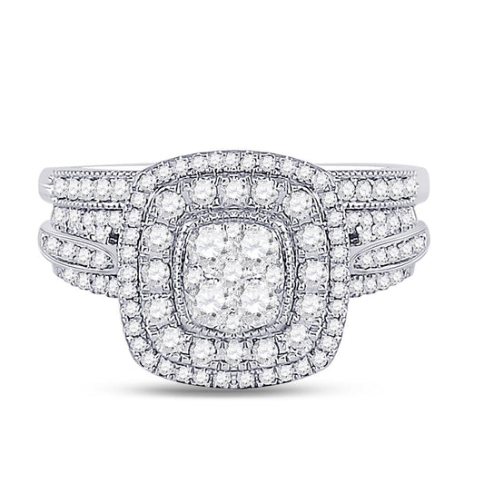 14k White Gold Round Diamond Cluster Bridal Wedding Ring Set 1 Cttw