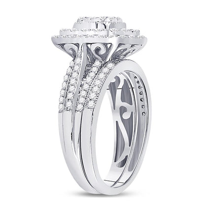 14k White Gold Round Diamond Cluster Bridal Wedding Ring Set 1 Cttw