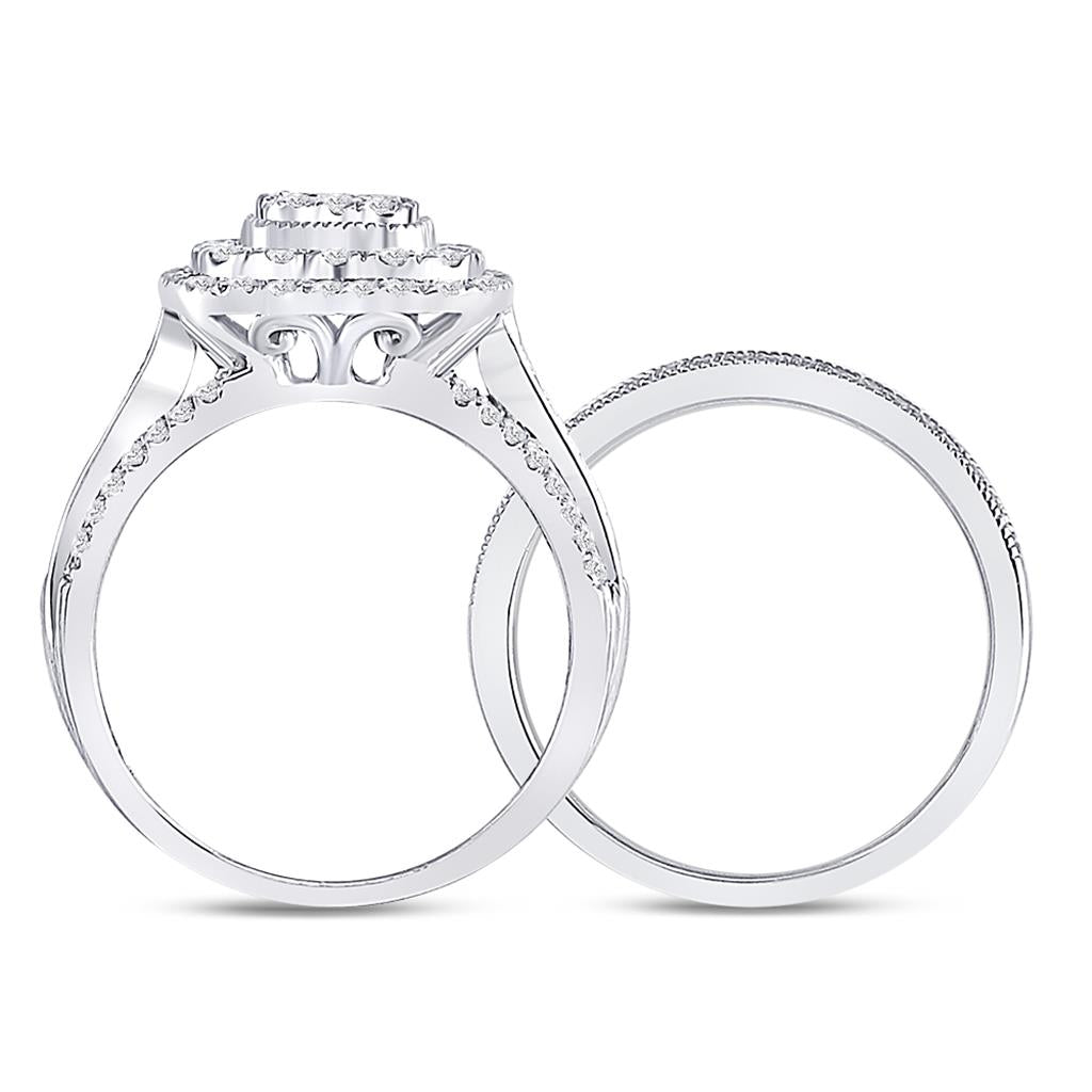 14k White Gold Round Diamond Cluster Bridal Wedding Ring Set 1 Cttw