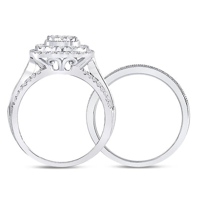 14k White Gold Round Diamond Cluster Bridal Wedding Ring Set 1 Cttw