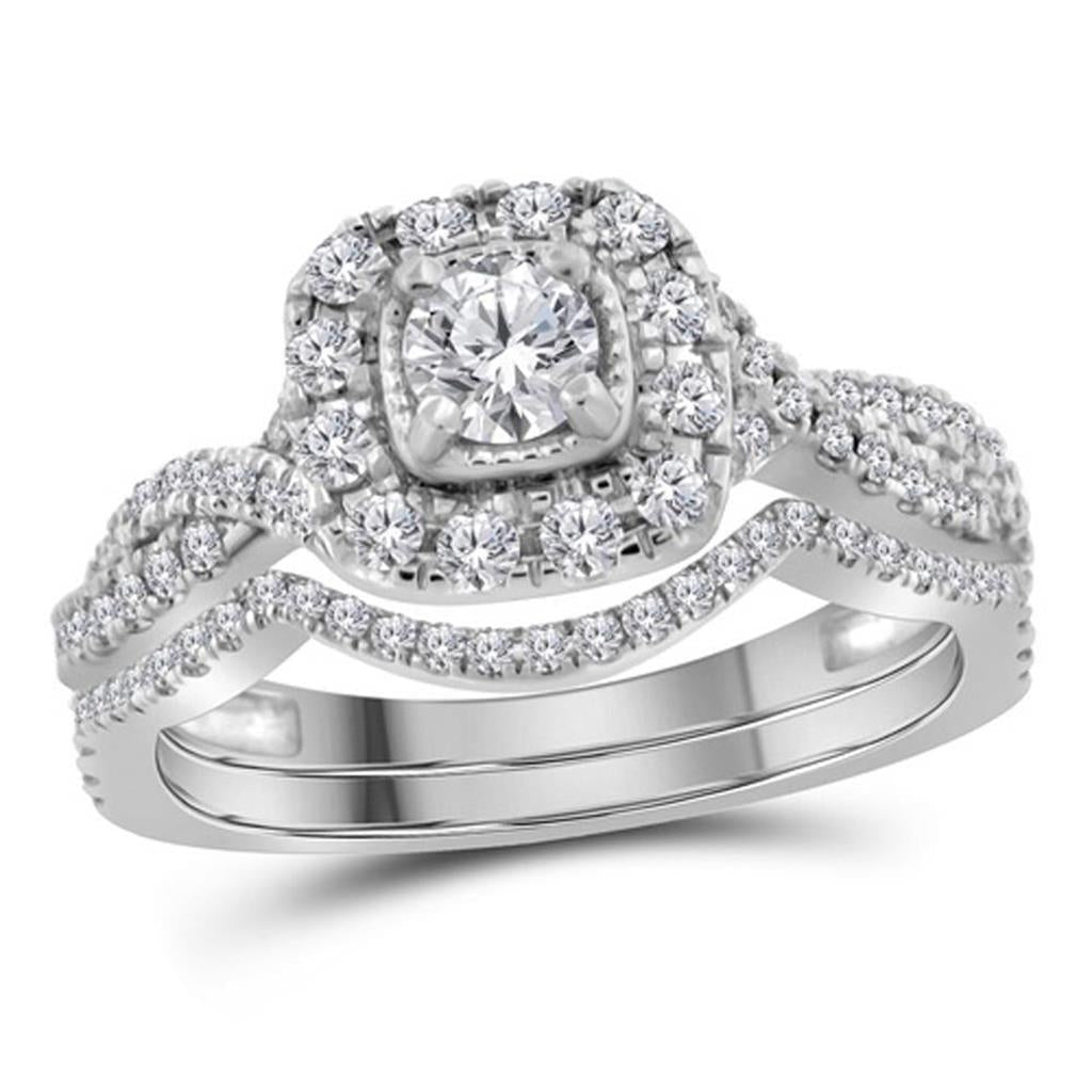 14k White Gold Round Diamond Bridal Wedding Ring Set 3/4 Cttw