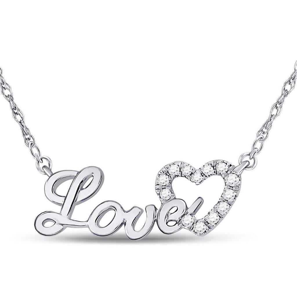 14kt White Gold Round Diamond Love Heart Pendant Necklace 1/6 Cttw