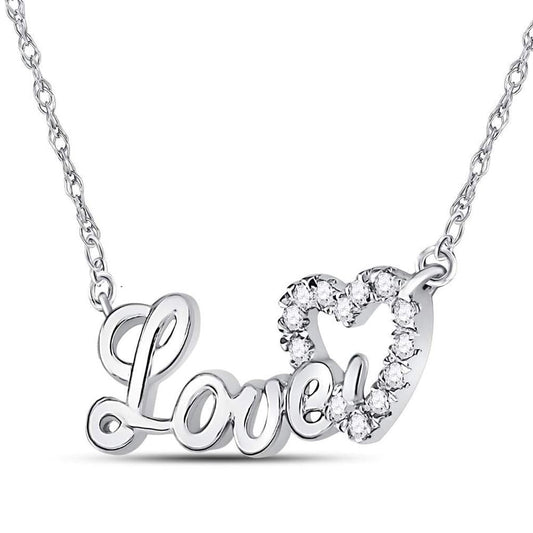 14kt White Gold Round Diamond Love Heart Pendant Necklace 1/6 Cttw