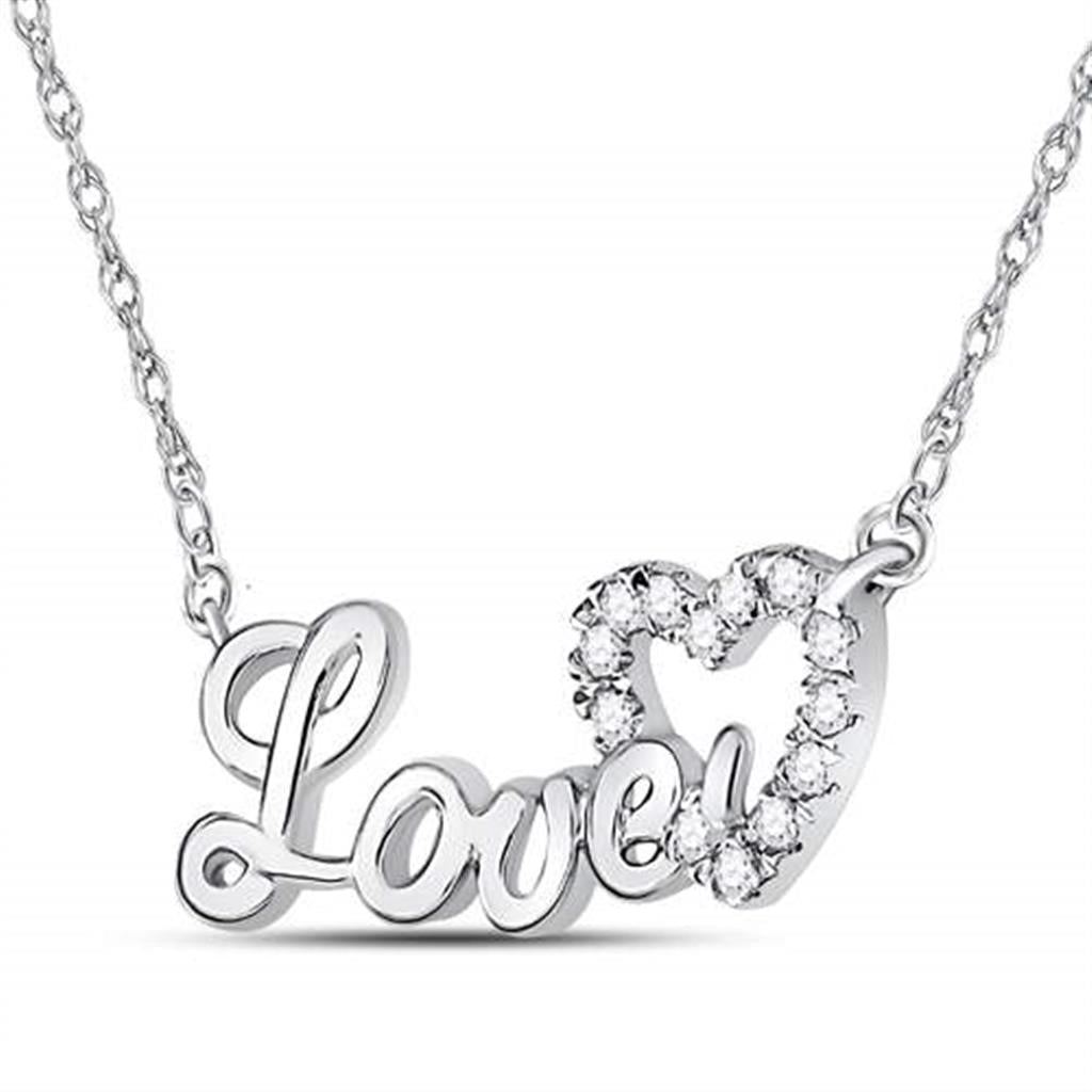 14kt White Gold Round Diamond Love Heart Pendant Necklace 1/6 Cttw