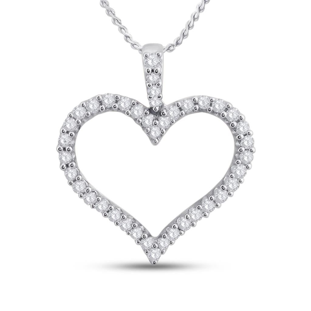 14k White Gold Round Diamond Timeless Heart Outline Pendant 1/2 Cttw