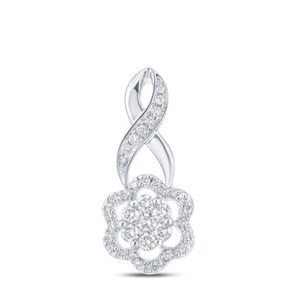 14k White Gold Round Diamond Twist Flower Cluster Pendant 1/2 Cttw